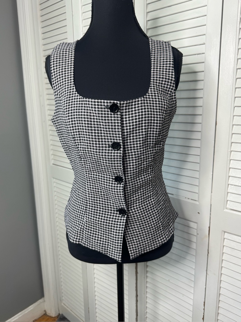 Black & White Checkered Button Front 90 Vintage Style Retro Top Medium